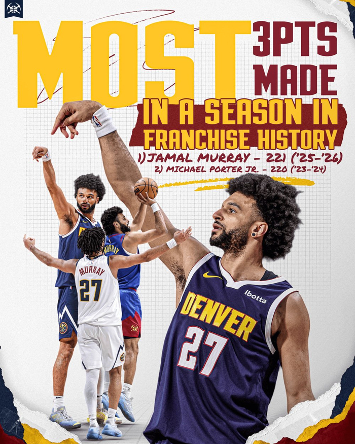 贾马尔-默里三分表现刷新掘金队史纪录